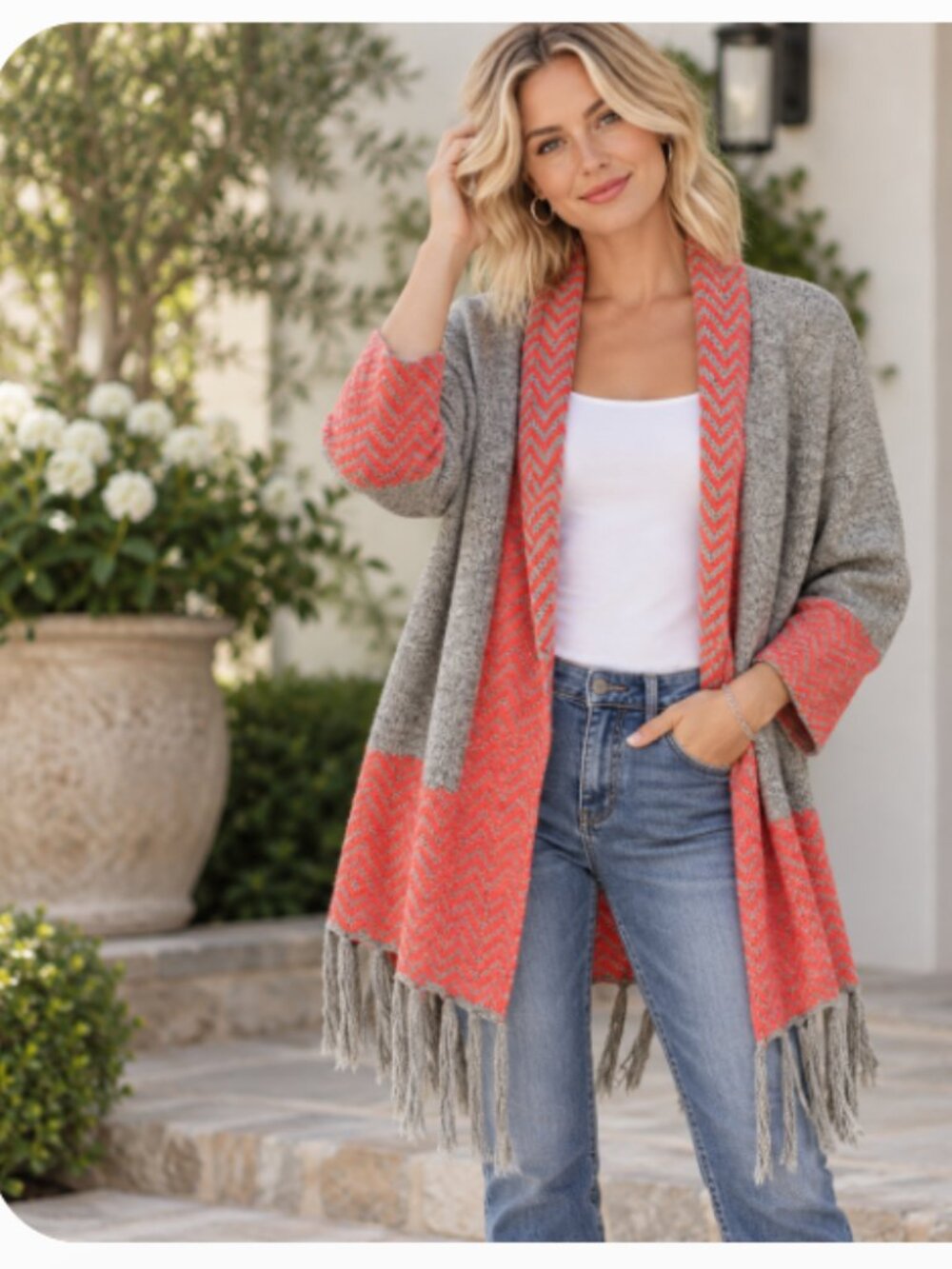 Petrol Women’s S/M Gray Coral Chevron Open Front Fringe Cardigan Southwestern